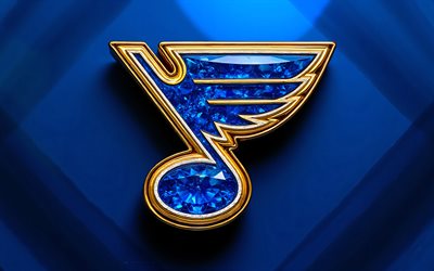 St Louis Blues crystal logo, 4k, blue background, NHL, St Louis Blues logo, St Louis Blues glass emblem, USA, St Louis Blues, hockey