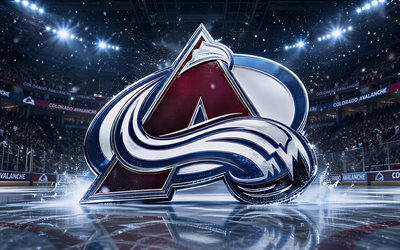 4k, logo métallique de l'avalanche du colorado, projecteurs, patinoire, lnh, créatif, hockey, logo de l'avalanche du colorado, stade de hockey, logo 3d de l'avalanche du colorado, équipe américaine de hockey, avalanche du colorado