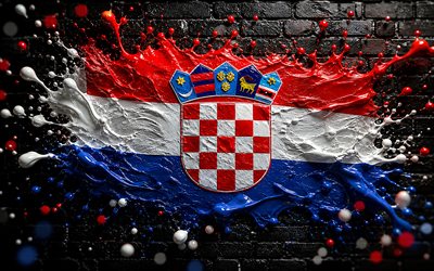 4k, Croatia flag, creative, Croatia paints flag, black brickwall, paint art, Croatian flag, paint splashes, flag of Croatia, artwork, Croatian national symbols, Croatia 3D flag, Croatia