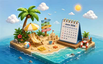June 2026 Calendar, 4k, 3D isometric art, 2026 June Calendar, beach, summer, June, 2026 calendars, June Calendar 2026, 3D isometric beach, palm trees