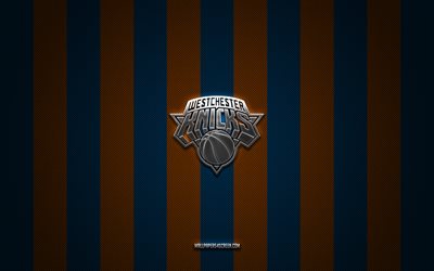 Westchester Knicks logo, American basketball club, NBA G League, red blue carbon background, Westchester Knicks emblem, basketball, Westchester Knicks, USA