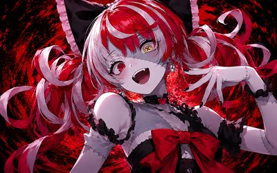 Kureiji Ollie, 4k, red grunge background, Virtual YouTuber, Zombie, stitches, VTuber, artwork, Hololive, heterochromia, manga, Kureiji Ollie channel