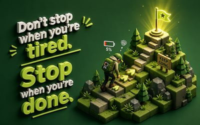 Dont stop when you tired Stop when you done, David Goggins, isometric art, green background, motivation, inspiration, creative 3D art, motivational quotes
