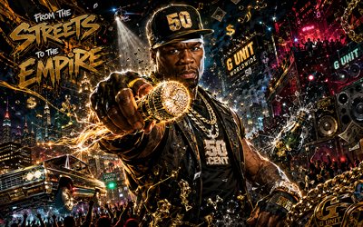 50 Cent, 4k, concert, night party, cartoon art, fans, creative background, music stars, Curtis James Jackson III, 50 Cent on concert, american rapper, 50 Cent art, american celebrity, 50 Cent 4K