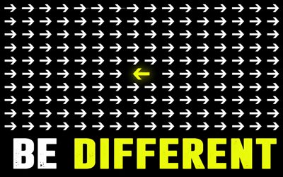 ser diferente, 4k, flecha amarilla 3d, creativo, ser conceptos diferentes, oscuridad, patrones de flechas, ser diferente inscripción, obra de arte, ser arte diferente