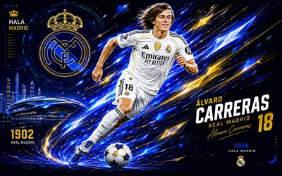 alvaro carreras, real madrid cf, fanitaidetta, valkoinen abstrakti digitaalinen tausta, alvaro carreras real madrid cf, luovaa taidetta, real madrid cf  logo, alvaro carreras real madrid, jalkapallo, real madrid