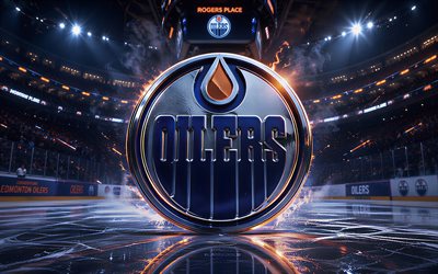 4k, Edmonton Oilers metal logo, spotlights, ice arena, NHL, creative, hockey, Edmonton Oilers logo, hockey stadium, Edmonton Oilers 3D logo, american hockey team, Edmonton Oilers