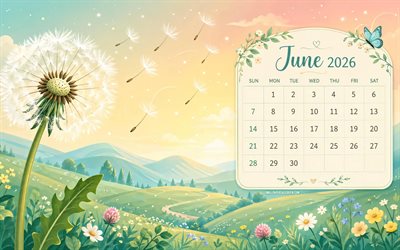 4k, 2026 June Calendar, abstract landscape, dandelions, meadows, cartoon nature, June 2026, spring calendars, June 2026 Calendar, spring, June calendars, 2026 calendars, June