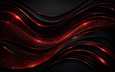 Red neon waves on a black background, 4k, red abstract waves background, red neon waves, black 3D waves background, abstract waves background