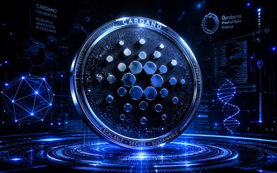 logotipo cardano 3d, 4k, fundo futurista azul, criptomoedas, logotipo de metal cardano, marcas, criptomoeda cardano, blockchain, logotipo cardano, cardano