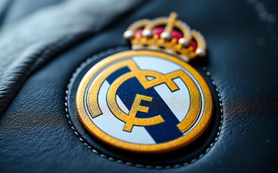 شعار ريال مدريد المعدني, خلفية جلدية زرقاء, شعار ريال مدريد, عن قرب, علامة ريال مدريد الجلدية, الدوري الاسباني, إسبانيا, كرة القدم, ريال مدريد, شعار نادي ريال مدريد لكرة القدم, نادي ريال مدريد لكرة القدم