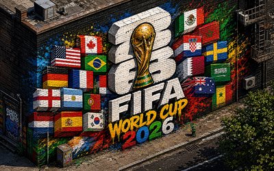 2026 fifa world cup, 4k, katutaidetta, fifa world cup trophy, isometrinen taide, graffitit seinälle, fifa world cup  taide, fifa world cup 2026, luova, kultainen pokaali, jalkapallo, fifa world cup