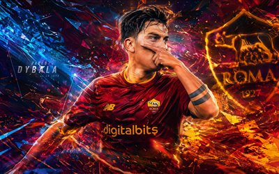 Paulo Dybala, AS Roma, fan art, burgundy abstract background, Paulo Dybala AS Roma, creative art, AS Roma logo, Paulo Dybala Roma, football, Roma
