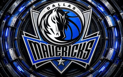 Dallas Mavericks metal logo, 4k, black blue metal background, NBA, basketball, Dallas Mavericks logo, Dallas Mavericks 3D logo, american basketball team, Dallas Mavericks