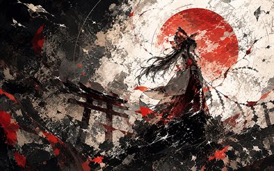 Reimu Hakurei, 4k, japanese art, Torii gates, Touhou, red moon, protagonist, purple neon lights, Hakurei Reimu, japanese manga, anime characters, Touhou Project, Touhou characters, Reimu Hakurei Touhou