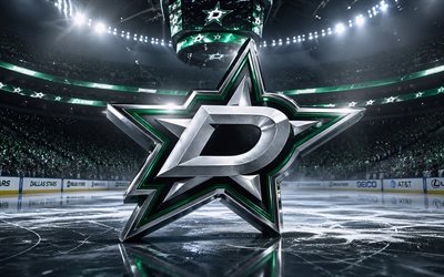 4k, Dallas Stars metal logo, spotlights, ice arena, NHL, creative, hockey, Dallas Stars logo, hockey stadium, Dallas Stars 3D logo, american hockey team, Dallas Stars
