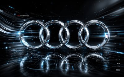 logotipo audi 3d, 4k, fundo futurista escuro, criativo, raios de néon azuis, logotipo metálico da audi, marcas de carros, logotipo audi, audi