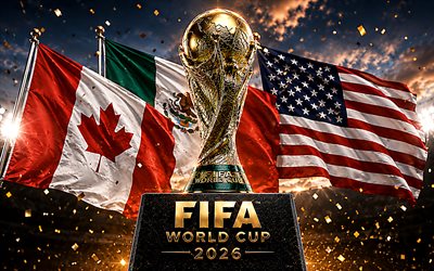 2026 FIFA World Cup, 4k, Canada USA Mexico flags, FIFA World Cup Trophy, dark luxurious background, football, FIFA World Cup art, FIFA World Cup 2026, creative, golden trophy, soccer, FIFA World Cup