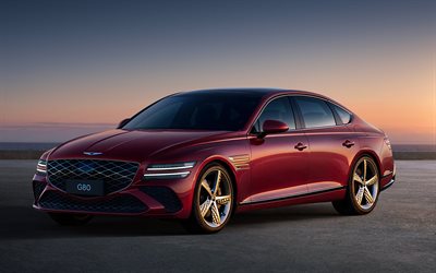 génesis g80 deporte, 4k, atardecer, 2026 coches, autos de lujo, rg3, génesis g80, rojo génesis g80, 2026 génesis g80, autos surcoreanos, génesis