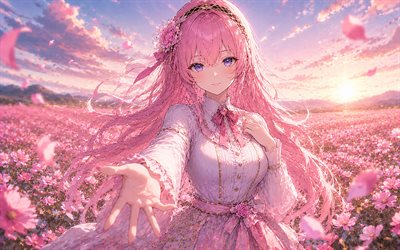 4k, Megurine Luka, summer, pink flowers, CV03, Vocaloid, sunset, flower field, pink star, pink hair, Vocaloid 03, abstract art, Character Vocal Series, Luka Megurine, Vocaloid characters, Megurine Luka Vocaloid