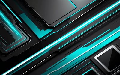 turquoise black background, 4k, material design, turquoise lines, 3D textures, artwork, metal art, geometry, abstract backgrounds, geometrical backgrounds, abstractions, black abstract backgrounds