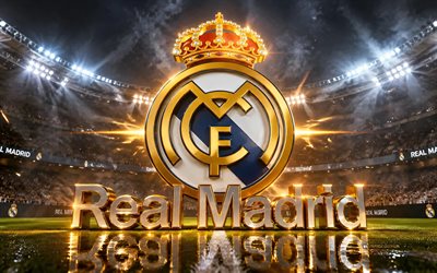 4k, شعار ريال مدريد المعدني, فن ثلاثي الأبعاد, ملعب كرة قدم, أضواء كاشفة, الدوري الاسباني, كرة القدم, شعار ريال مدريد, شعار ريال مدريد ثلاثي الأبعاد, نادي ريال مدريد لكرة القدم, نادي كرة القدم الاسباني, ريال مدريد