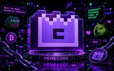 شعار memecore ثلاثي الأبعاد, 4k, خلفية مستقبلية الأرجواني, العملات المشفرة, شعار memecore المعدني, العلامات التجارية, العملة المشفرة memecore, blockchain, شعار ميميكور, memecore