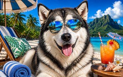malamute de alaska, 4k, verano, playa tropical, accesorios de playa, mar, tumbona, gafas de sol, malamute de alaska en la playa, perros, animales lindos, playa, mascotas, perro con gafas de sol, perro malamute de alaska