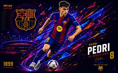 Pedri, FC Barcelona, fan art, white abstract digital background, Pedri FC Barcelona, creative art, FC Barcelona logo, Pedri Barcelona, football, Barcelona, Pedro Gonzalez Lopez