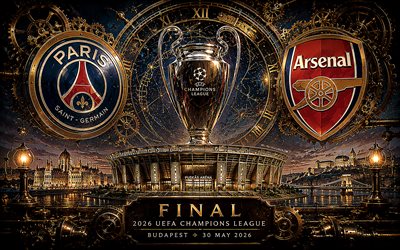 psg vs arsenal fc, final de la liga de campeones de la uefa 2026, arte mecanico, psg, arsenal fc, liga de campeones, final, parís saint germain vs arsenal, parís saint germain, estadio puskás, budapest, partido de futbol, fútbol americano