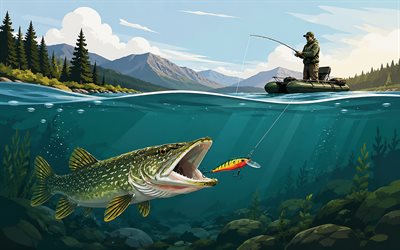 4k, hauki, värikäs vaappu, vektori taidetta, petokalat, kalastus, vedenalainen, kalastaja veneessä, kalastusvälineet, hauen kalastus, järvikalastusta, kesä, virkistys, kesäkalastus, kalastuskonsepteja