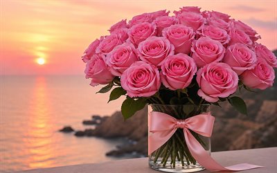 pink roses, 4k, sunset, glass vase, coast, bokeh, bouquet of roses, beautiful flowers, background with roses, pink flowers, roses