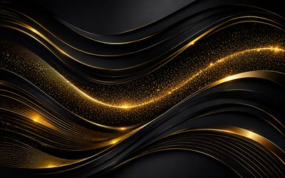 Gold neon waves on a black background, 4k, gold abstract waves background, gold neon waves, black 3D waves background, abstract waves background
