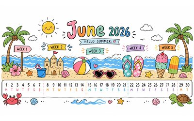 calendario junio ​​2026, 4k, minimalismo, accesorios de playa, creativo, wibes de playa, junio 2026, calendarios de verano, calendario junio 2026, arte del garabato, verano, calendarios de junio, calendarios 2026, junio