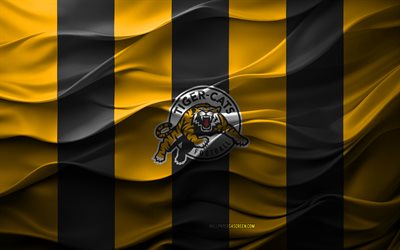 4k, logotipo de hamilton tiger cats, fondo amarillo negro 3d, emblema de los hamilton tiger cats, cfl, equipo de fútbol canadiense, bandera de los hamilton tiger cats, textura 3d, hamilton tigre gatos, canadá