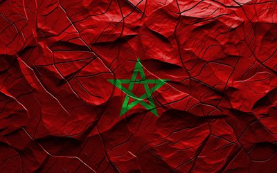 4k, drapeau du maroc, texture de pierre, asie, drapeau 3d du maroc, fond avec des fissures, afrique, drapeau marocain