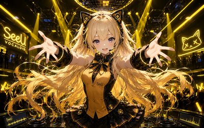 SeeU, 4k, night club, Vocaloid, yellow neon rays, night party, artwork, Vocaloid 3, fan art, Vocaloid characters, SeeU Vocaloid