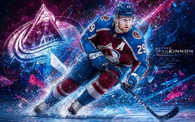 nathan mackinnon, 4k, fond numérique bleu violet, avalanche du colorado, lnh, hockey, nathan mackinnon 4k, logo de l'avalanche du colorado, fan art