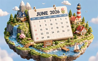 kalender juni 2026, 4k, isometrische kunst, hallo sommer, juni 2026, sommerkalender, isometrische landschaft, sommer, juni kalender, kalender 2026, juni