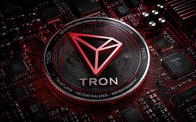 TRON logo, 4k, red technology background, TRON, blockchain, TRX, TRON emblem, TRON sign, TRON coin, cryptocurrency, TRON 3D logo