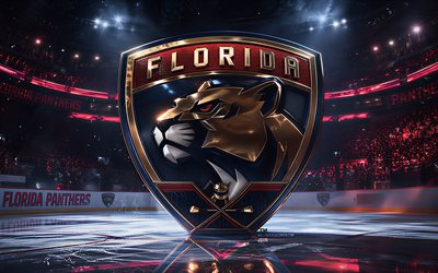 4k, 플로리다 팬더스의 금속 로고, 스포트라이트, 아이스 아레나, nhl, 창의적인, 하키, 플로리다 팬더스 로고, 하키 경기장, 플로리다 팬더스 3d 로고, 미국 하키팀, 플로리다 팬더스