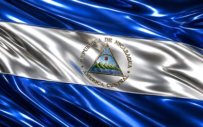 bandeira metálica da nicarágua, 4k, bandeiras 3d metálicas, países norte americanos, bandeira da nicarágua, dia da nicarágua, obra de arte, bandeira de metal da nicarágua, nicarágua, símbolos nacionais da nicarágua