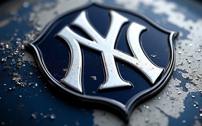 New York Yankees metal logo, 4k, The Yanks, blue metal background, New York Yankees sign, shield logo, The Evil Empire, MLB, USA, New York Yankees logo, New York Yankees