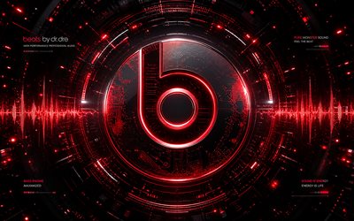 Beats 3D logo, 4k, red futuristic background, red neon rays, electronics brands, Beats futuristic logo, Beats red logo, brands, Beats logo, Beats