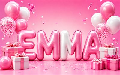 4k, ema feliz aniversário, fundo rosa, nome ema, caixas de presente rosa, aniversário de emma, balões 3d, nomes femininos americanos populares, balões brancos rosa, feliz aniversário ema, foto com o nome emma, ema