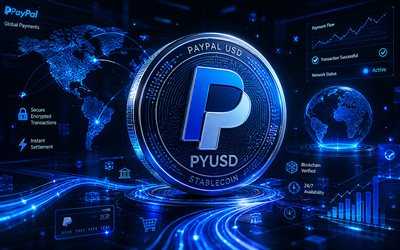 logotipo 3d do paypal usd, 4k, fundo futurista azul, pyusd, criptomoedas, logotipo metálico do paypal usd, marcas, criptomoeda paypal usd, logotipo pyusd, blockchain, logotipo do paypal usd, paypal usd