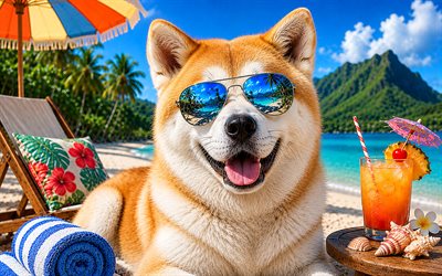 akita inu, 4k, kesä, trooppinen ranta, rantatarvikkeet, meri, aurinkotuoli, aurinkolasit, akita inu rannalla, koirat, söpöjä eläimiä, ranta, lemmikkejä, koira aurinkolaseissa, akita inu koira