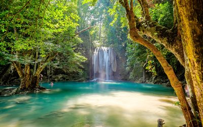 cascadas, el verano, el lago, Tailandia, el Parque Nacional de Erawan