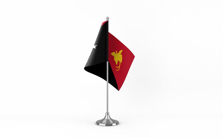 4k, 파푸아 뉴기니 테이블 플래그, 흰 바탕, 파푸아 뉴기니 깃발, 파푸아 뉴기니의 테이블 플래그, 금속 막대기에 파푸아 뉴기니 깃발, 파푸아 뉴기니의 깃발, 국가 상징, 파푸아 뉴기니