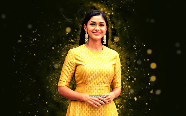 Mrunal Thakur, 4k, yellow neon lights, indian actress, Bollywood, movie stars, artwork, picture with Mrunal Thakur, indian celebrity, Mrunal Thakur 4k